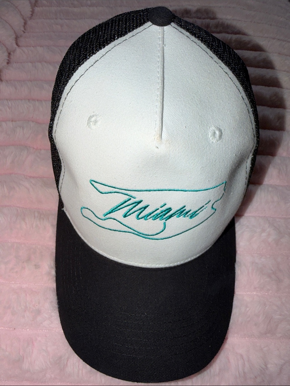 miami Two-Tone Black and White Trucker Hat with Teal Script